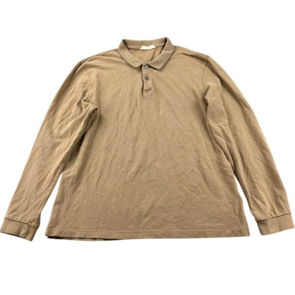 Zara Origins Polo Shirt Men L Tan Long Sleeve Knit Solid 100% Cotton Turkey Made